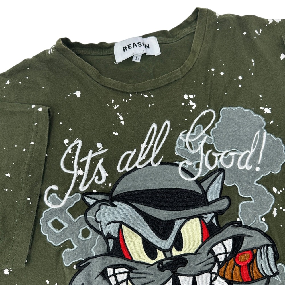 Reason Brand Mens Olive Green It's All Good Smoking Cat Paint Splatter Tee‎ L - Picture 3 of 10